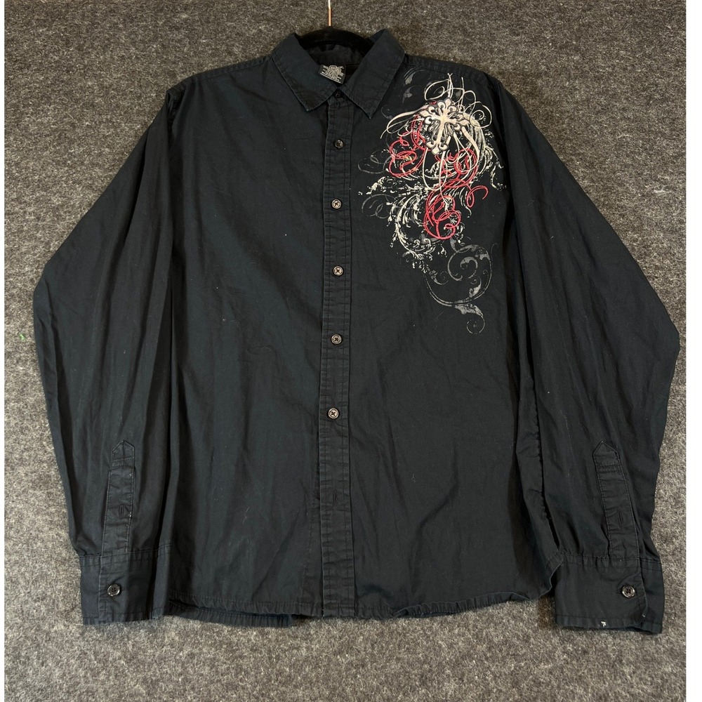 MMA Elite Button Up Shirt Mens Large Black Long Sleeve Cross Wing Graphic Y2K